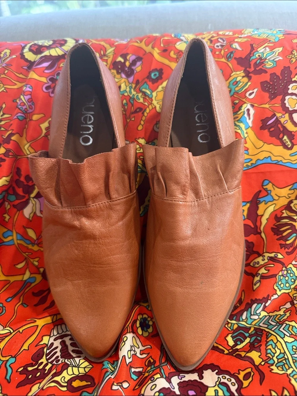 Bueno Women's Cognac Leather Pointed Slip-On Flats with Ruched Vamp